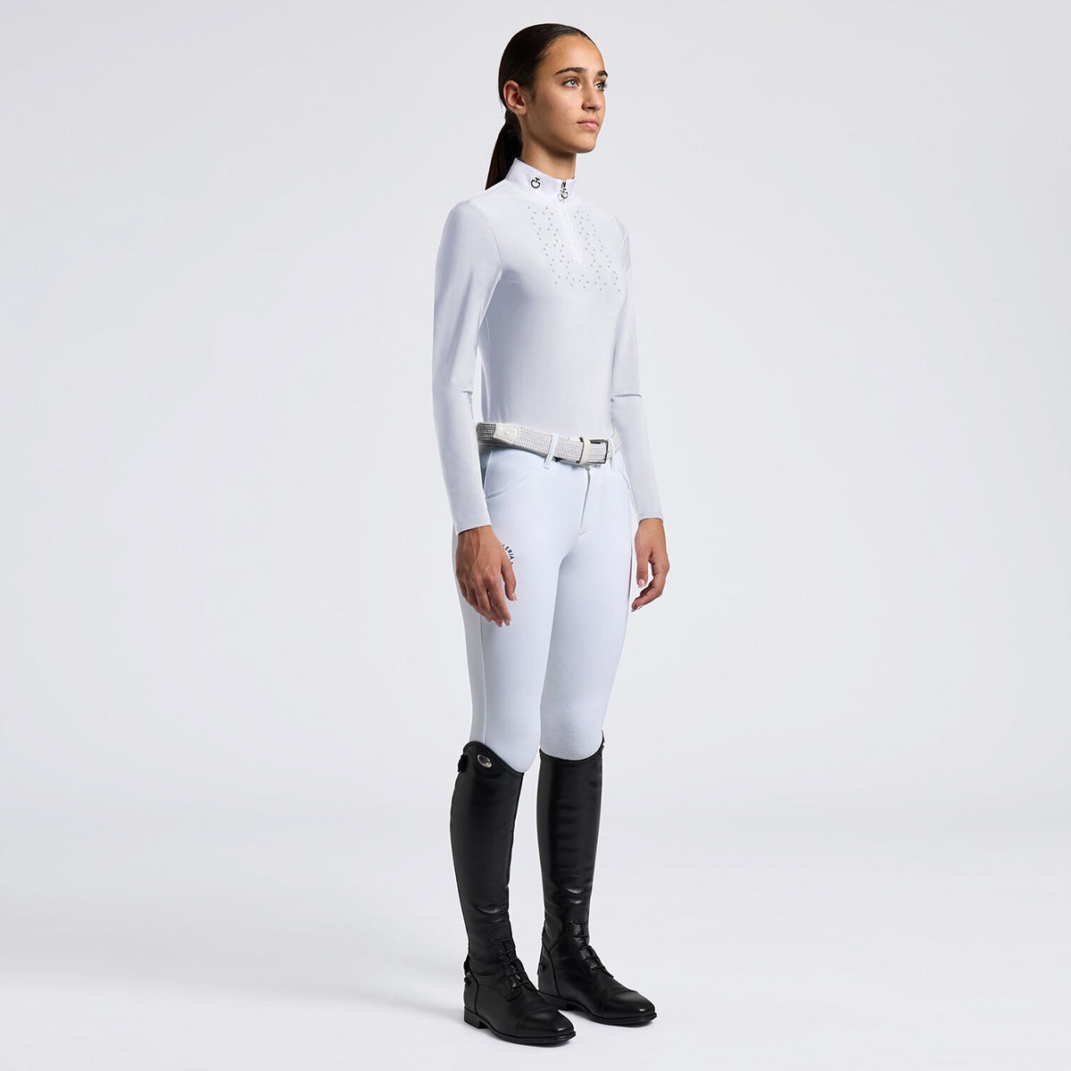 Cavalleria Toscana Girls' Long-Sleeve Zip Competition Shirt-White