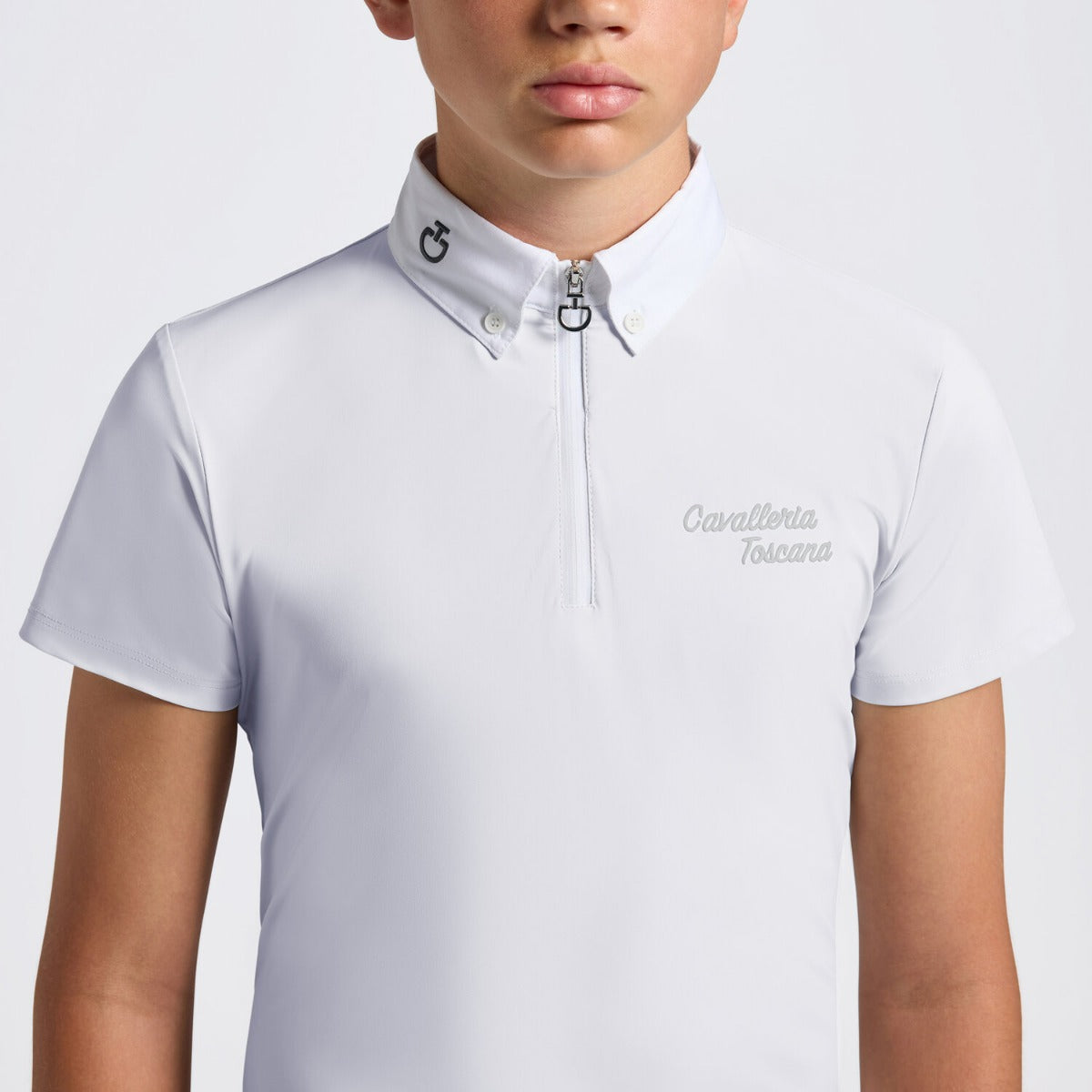 Cavalleria Toscana Boy's Jersey S/S Zip Competition Shirt-White