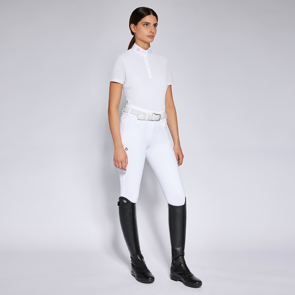 Cavalleria Toscana Women's Perforated Jersey S/S Button Competition Polo White